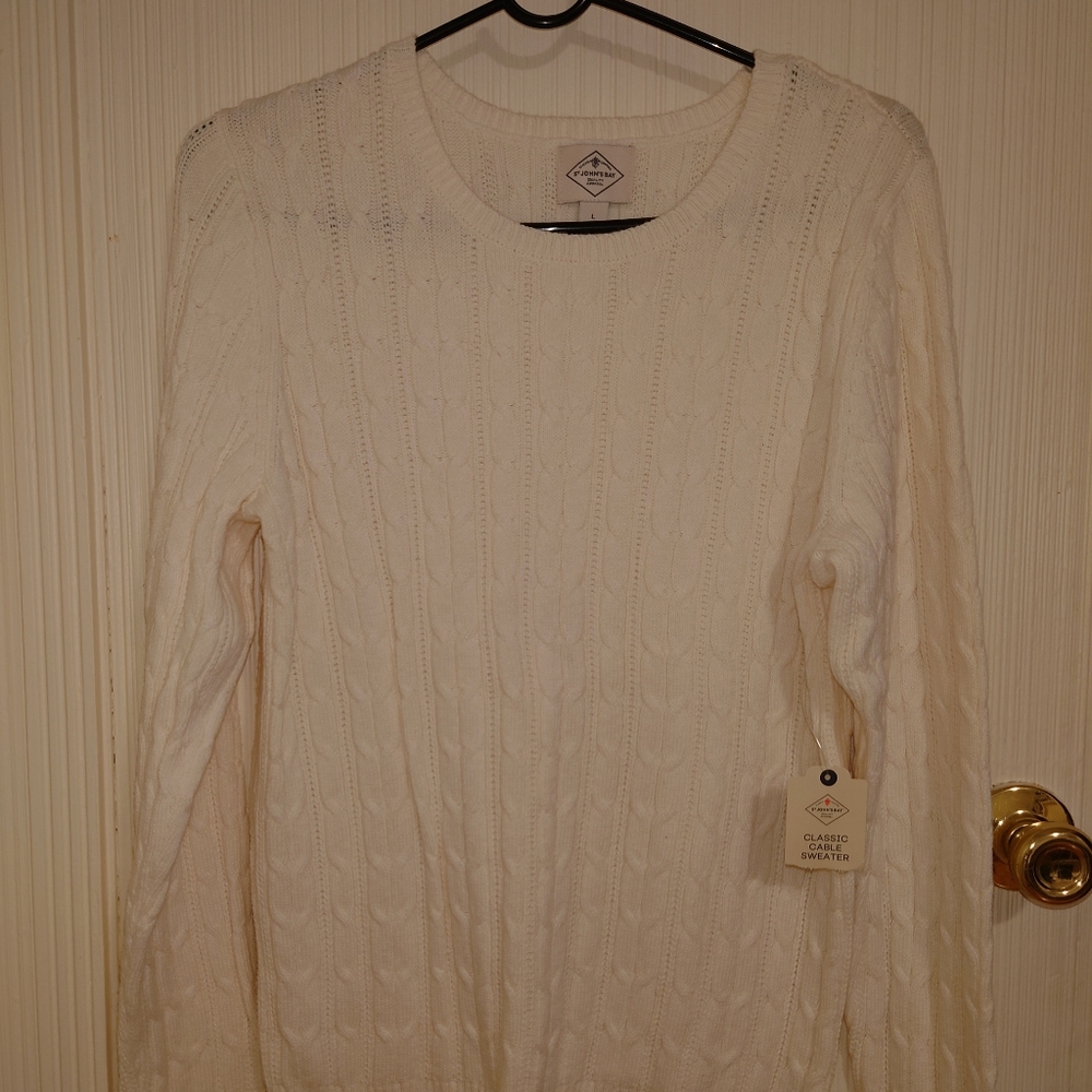 St John's Bay cable knit sweater, size L, M, cream, new with tags